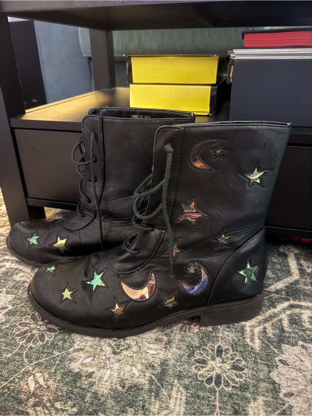 Holographic Moon and Star Cutout Combat Lace-Up Women's Boots